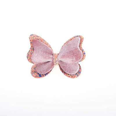 Tσιμπιδάκι κλιπ, διπλή πεταλούδα, γκλίτερ σομόν, βελούδο antique pink